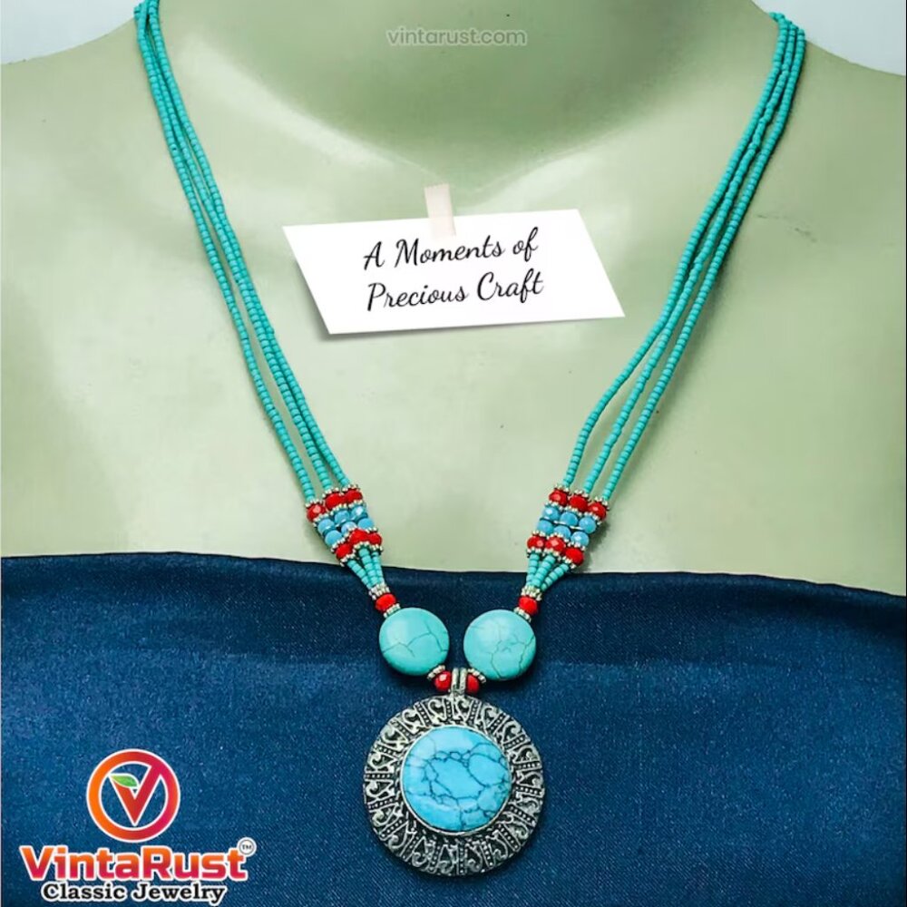 Beaded Multilayers Chain Necklace With Pendant, Ethnic Statement Necklaces